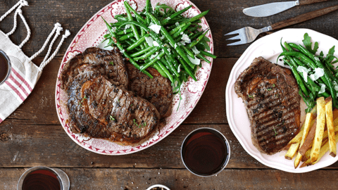 BBQ Rib Eye Steaks With Green Beans, Parmesan, Salad