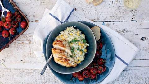 Grilled Breast of Chicken with Parmesan and Sweet Corn Risotto, Slow Roasted Cherry Tomatoes and Balsamic