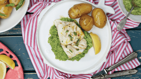 Inismara Cod Fillets with Buttered New Potatoes, Pea Puree and Mint Vinaigrette