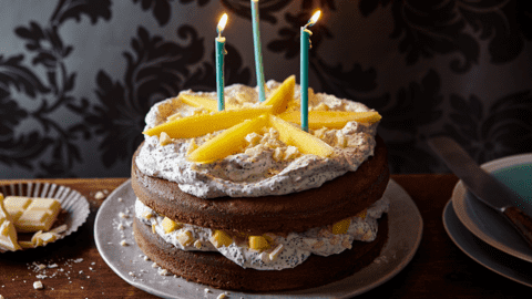 Chocolate cake with poppy cream and mango