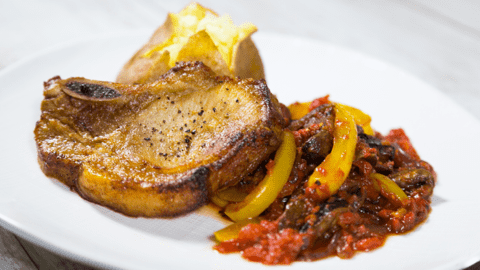 Pork Chops with Stir-Fried Vegetables & Tomato Sauce