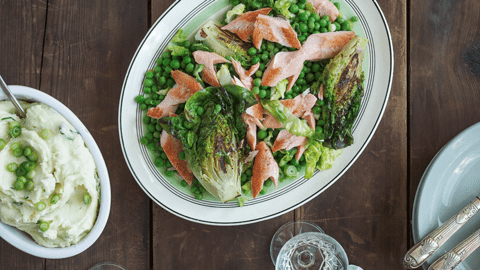 Grilled Trout with Braised Peas and Mustard Mash
