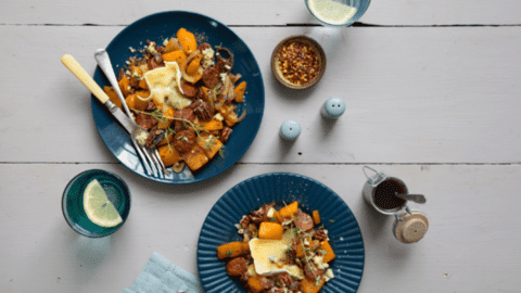 Roasted Butternut Squash and Chorizo with Blue Cheese and Brown Sugar Dressing