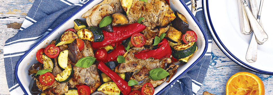 Lamb gigot chops with Basil and rough and ready ratatouille 