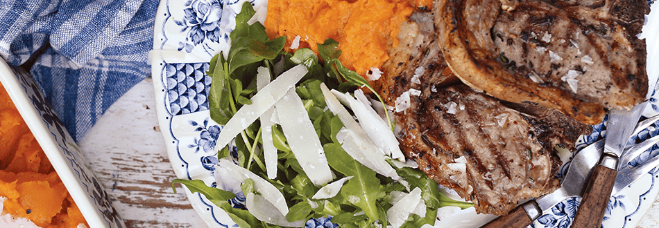 Lamb loin chops with sweet potato and Parmesan mash 